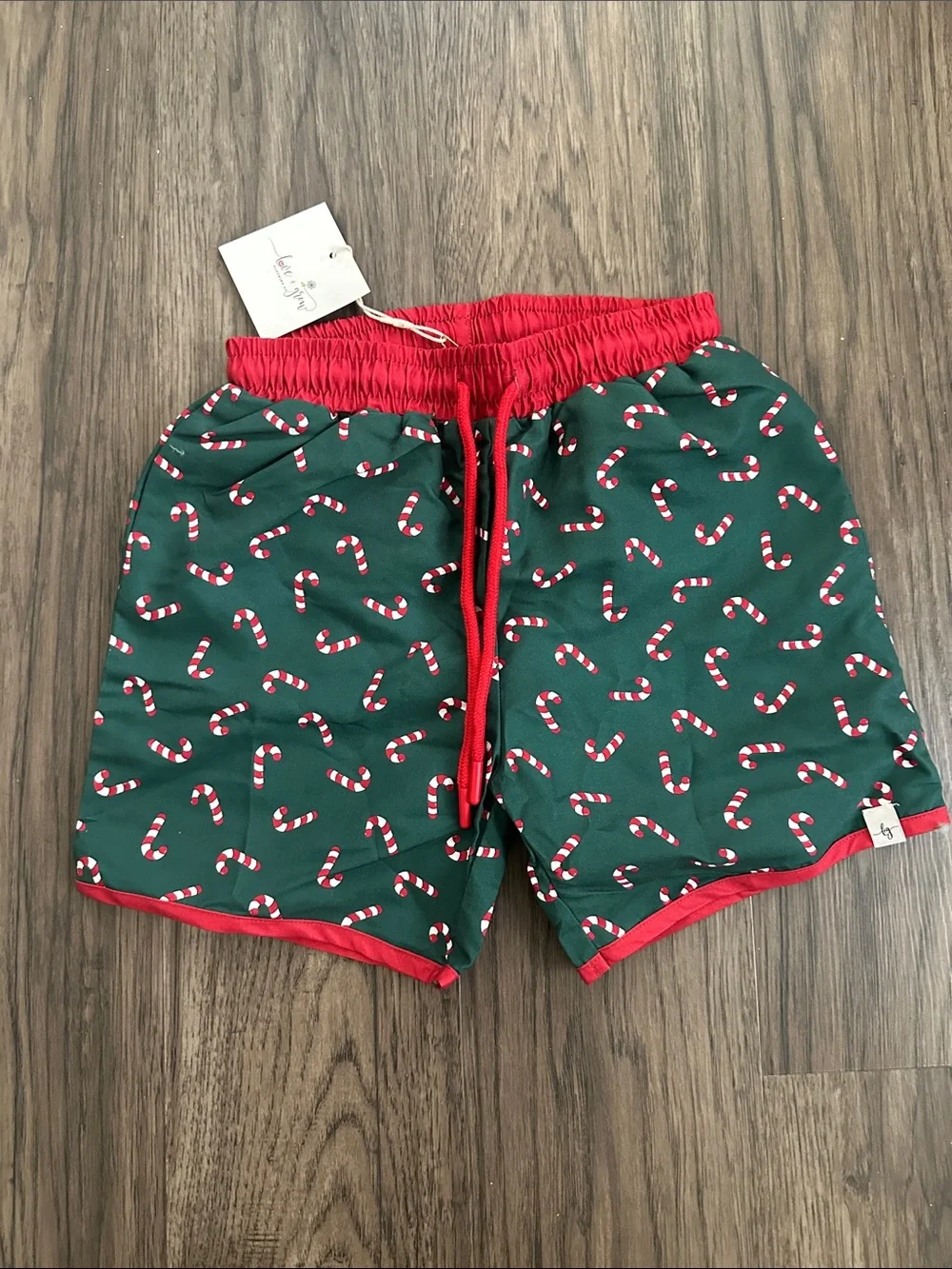 Holiday Candy Cane Print Swim Shorts - Red & Green